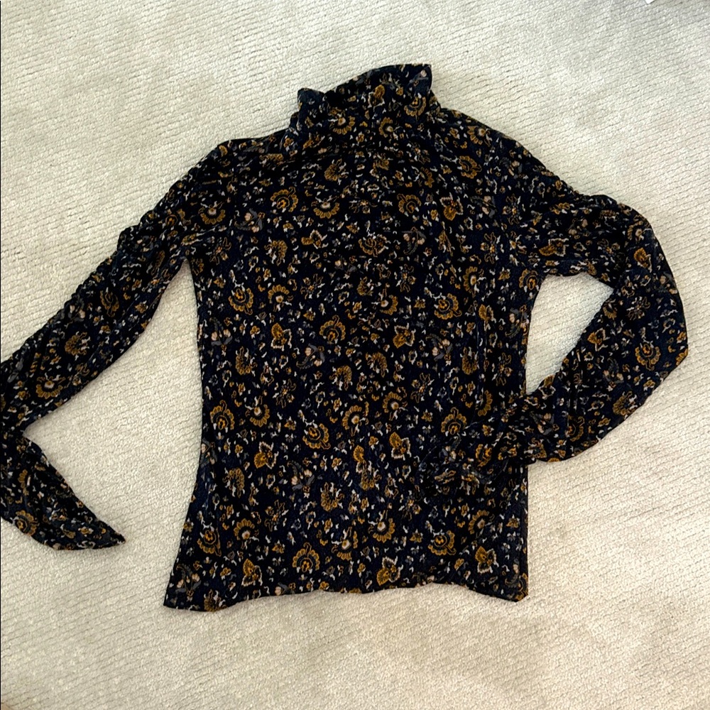 Veronica Beard Women’s Floral Printed mock neck black mustard yellow Top Size 0